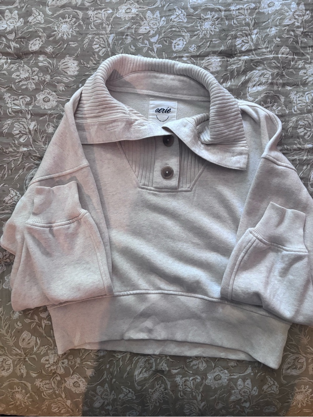 aerie Light Gray Funnel Neck Pullover with Button Placket